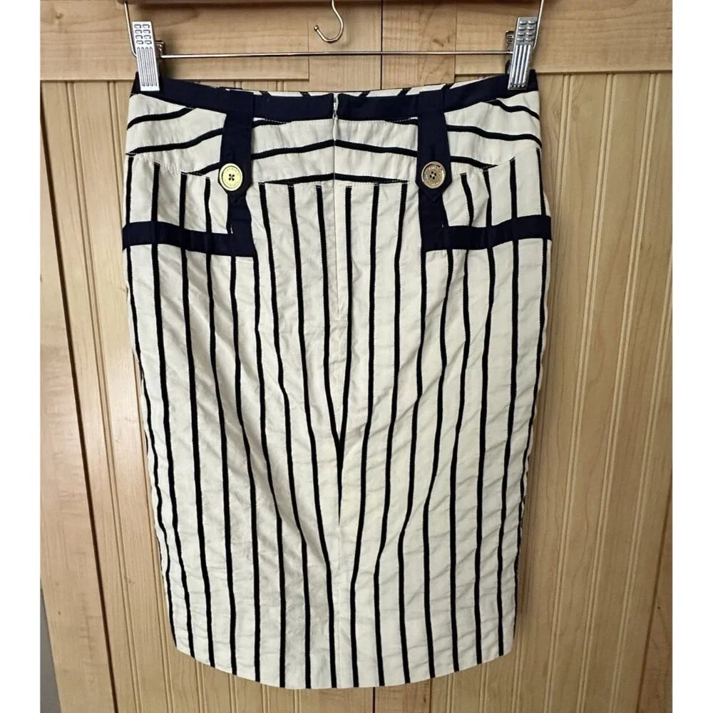Tory Burch Koemi Nautical Striped Pencil skirt‎ W Gold Buttons Size 2 EUC Preppy